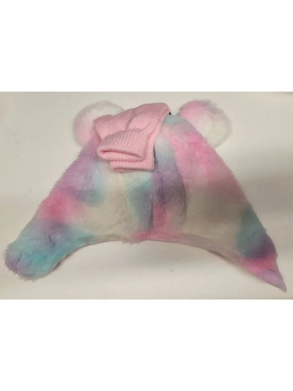 NWT 12-24 mo Hat & Mitten Set, Fluffy Fuzzy Rainbow Laura Ashley New